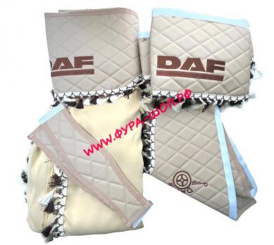 Шторы DAF с логотипом 8 предметов (ламбрекен и уголки кожзам бежевый, шторы велюр бежевые) вариант 2