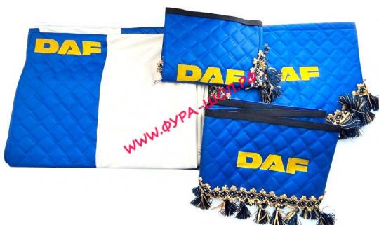 Шторы DAF с логотипом 8 предметов (ламбрекен и уголки кожзам синие, шторы велюр бежевые) вариант 2