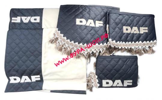 Шторы DAF с логотипом 8 предметов (ламбрекен и уголки кожзам черный, шторы велюр бежевые)