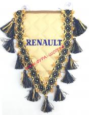 Вымпел с вышивкой, треугольный Renault (экокожа бежевый) с красной бахромой
