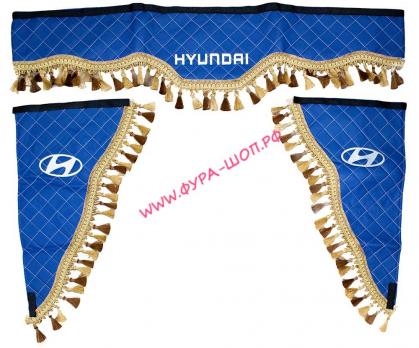 Ламбрекен двухсторонний + боковушка экокожа (HYUNDAI) 1 вышивка синий 1,80 см