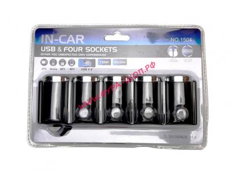 Разветвитель на 4 розетки и 2 USB 12/24 В KR-4902
